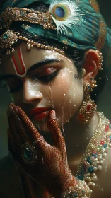 Hydrated devotional portrait with jeweled, hennaed detailing.