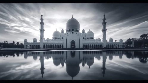 Symmetrical mosque silhouette with domes and reflection.