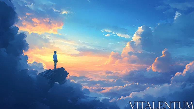 Solitary figure observes glowing sunset above vast clouds