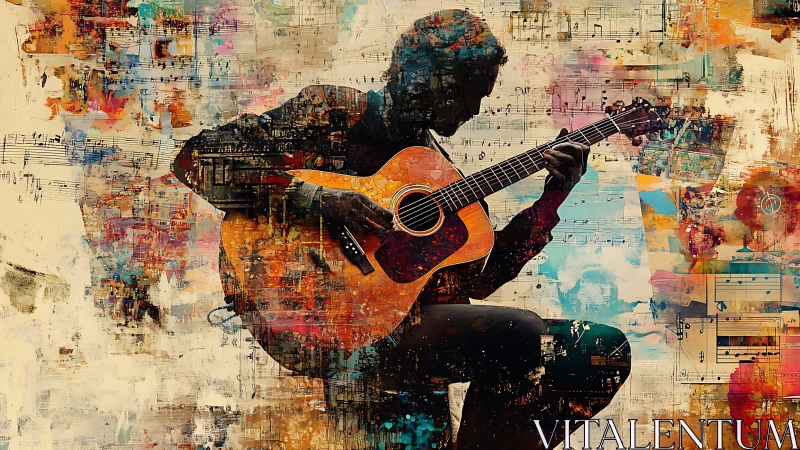 Silhouetted acoustic guitarist amid chromatic notation field.