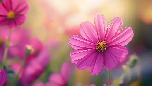 Pink Cosmos Flowers with Yellow Stamens in Soft Focus Garden Setting