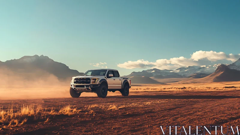 Dusty desert pickup rolls toward sunlit mountains in comfort