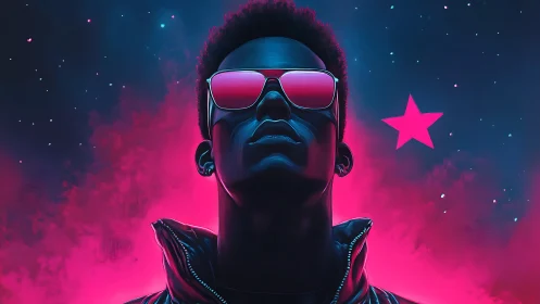 Neon-lit portrait captures a confident figure against cosmic glow