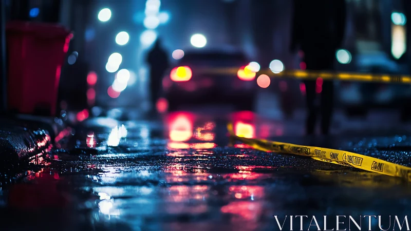 Neon-soaked crime scene tape across rain-drenched street.