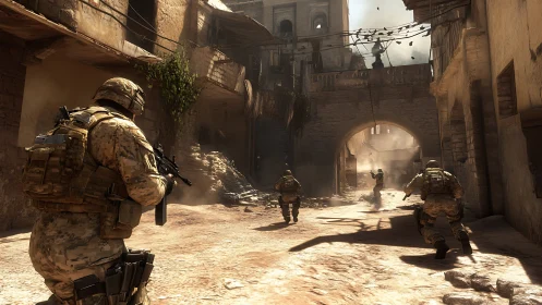 Military squad advancing through narrow urban combat street.