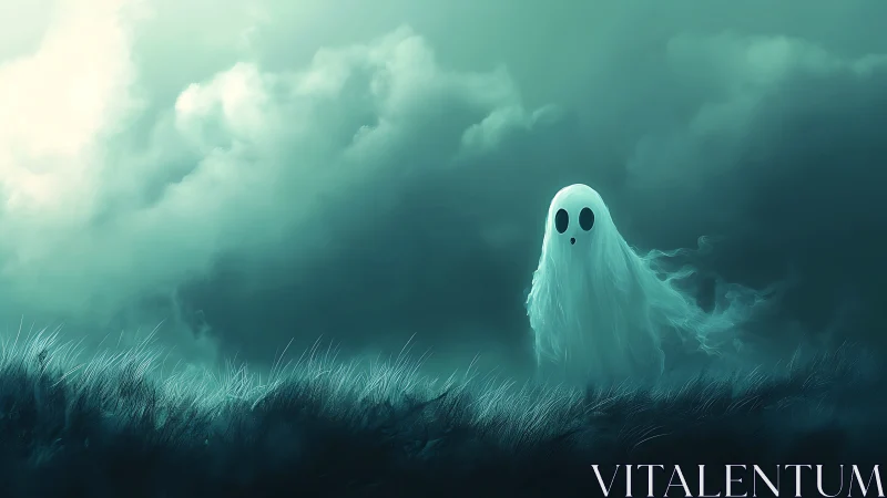 Ethereal cartoon ghost drifts across misty nocturnal meadow