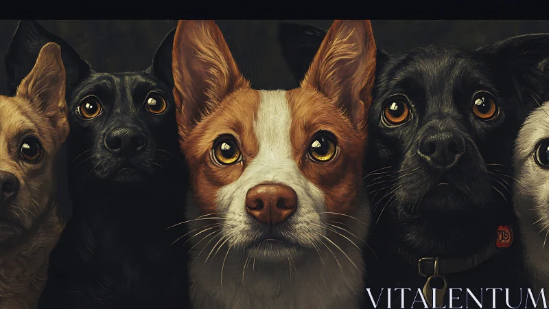 Group portrait of five small dogs in close frontal view.