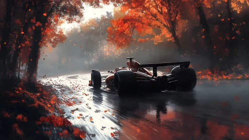 Formula car races through rain-soaked autumn forest curve.