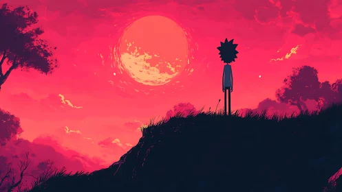 Chromatic horizon study with silhouetted observer and stellar disk.