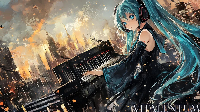 Anime pianist amid fractured urban skyline in dynamic brushwork.