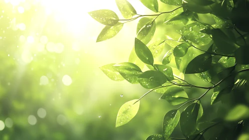 Sunlit Green Leaves with Dew in Soft, Dreamy Nature Scene.
