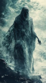 Shrouded wraith emerges from mist, rendered with high-detail volumetric fog