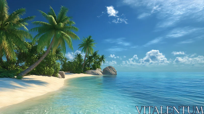 Tropical Beach Scene with Palm Trees, Sandy Shore, and Clear Ocean