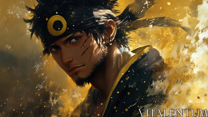 Stoic anime warrior in golden painterly portrait.