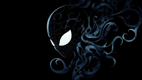 Dark webbed mask emerges amid swirling shadow tendrils.