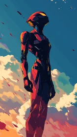 Futuristic armored figure standing against vivid sky.