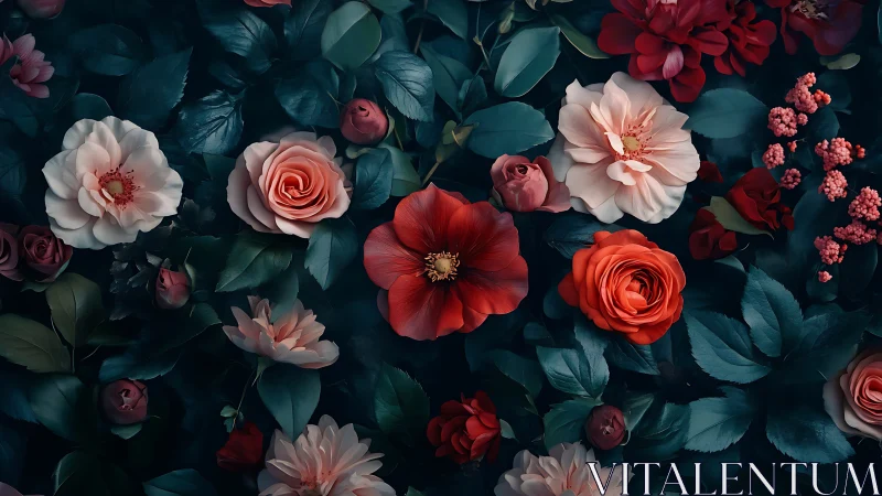 Rich Botanical Arrangement Against Deep Teal Background.