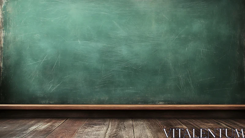 Worn green chalkboard over aged plank floor, frontal perspective.