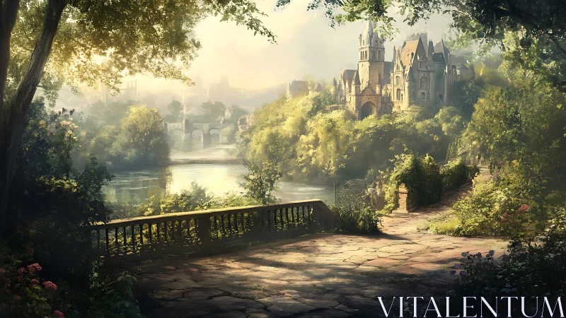 Sunlit riverside terrace overlooks an enchanted castle estate.