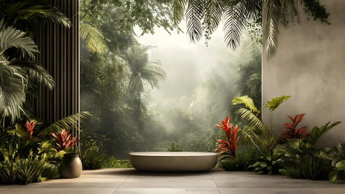 Biophilic open-air bath with tropical courtyard immersion.