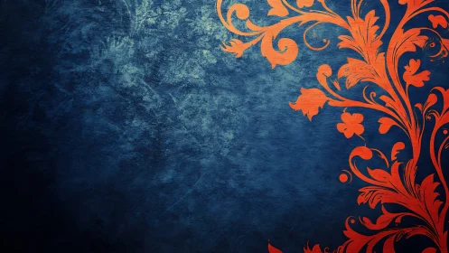 Ornate orange floral scrollwork overlays textured navy background