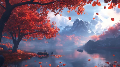Crimson forest frames misty lake below snowcapped peaks.