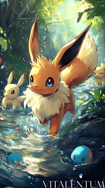 Eevee and companions walking through shallow forest stream.