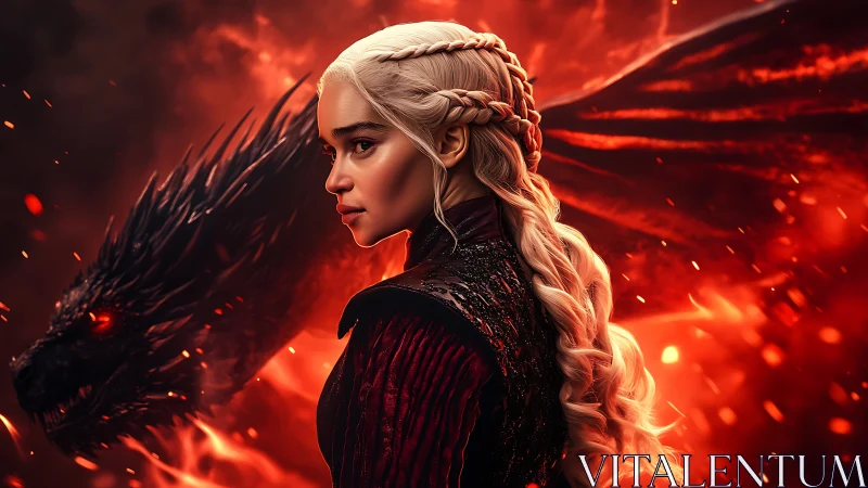 Dragon queen stands in blazing embers beside fiery beast.