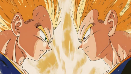 Symmetrical Super Saiyan duel rendered in dynamic cel-shaded anime