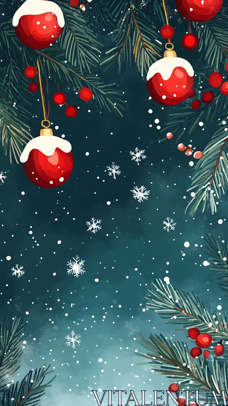 Red Christmas ornaments with pine branches in snowfall