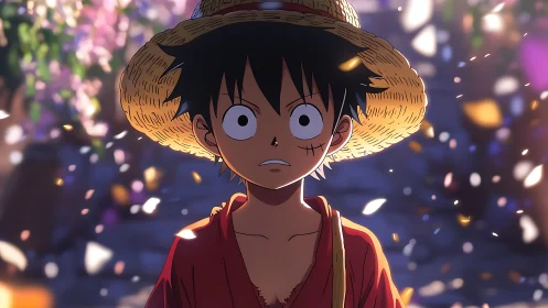 Straw hat anime boy stands centered amid drifting petals