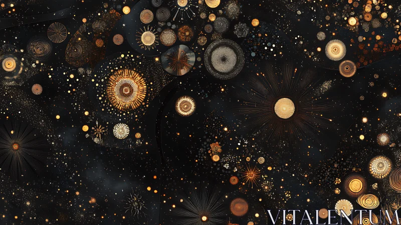 Radiant golden orbits expand across deep cosmic void