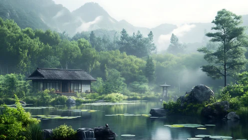 Serene lakeside Japanese retreat rendered in soft digital realism