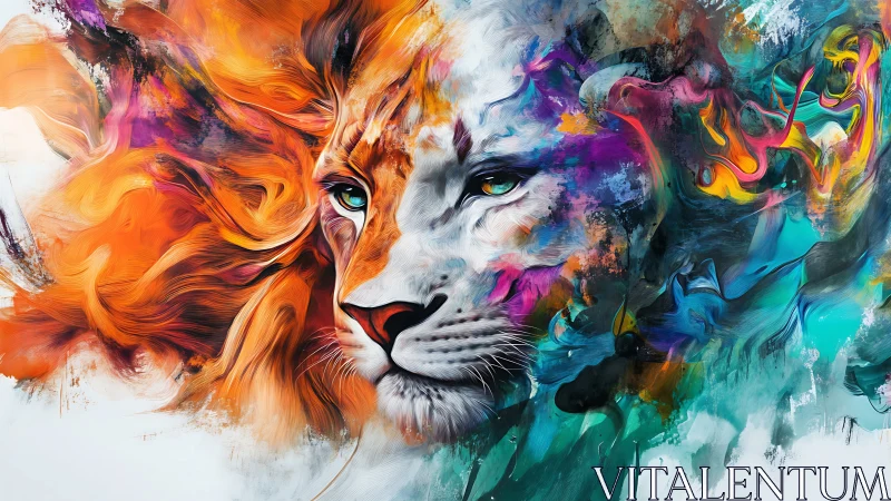 Lion portrait in divided warm and cool abstract colors.
