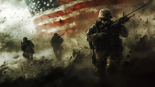 US soldiers advance through smoky battlefield under flag