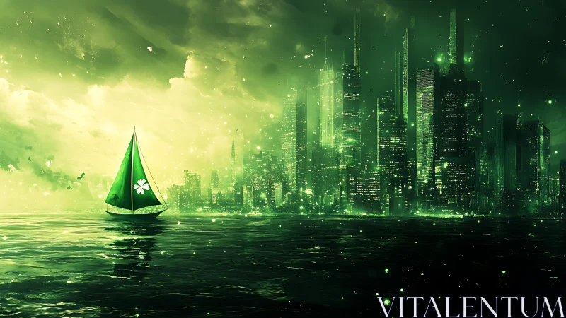 Green sailboat before illuminated futuristic city skyline.