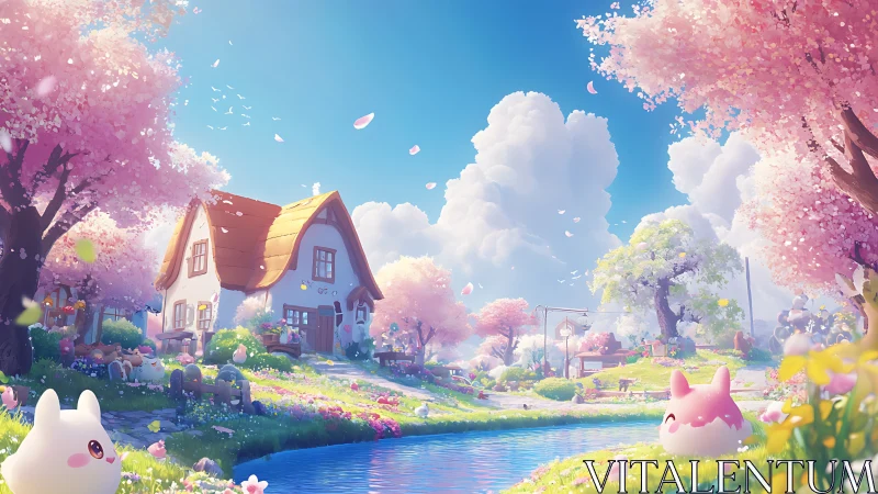 Pastel village landscape depicts cottage, stream, and trees