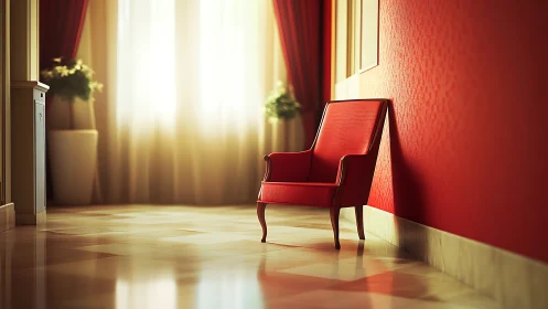 Sunlit red lounge chair basking in a golden quiet hallway.