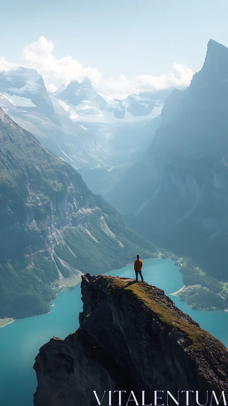 Vertical alpine vista with solitary hiker on promontory ridge.