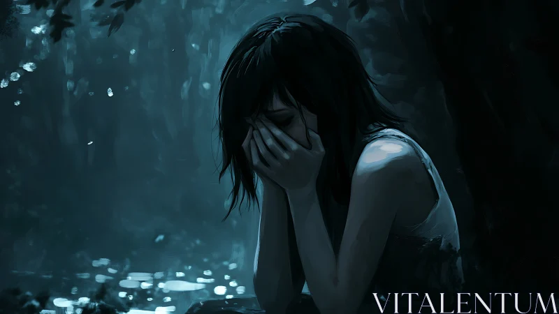 Solitary figure seated by tree in dim blue-toned forest.