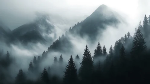 Misty evergreen mountains fade into a soft monochrome sky.