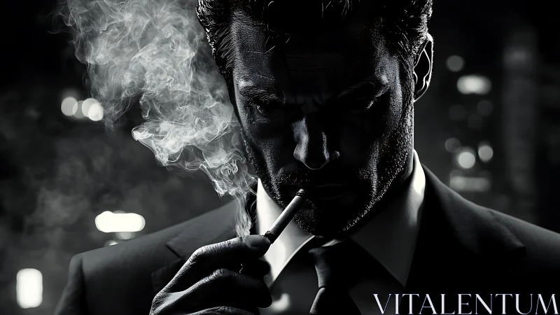 Suited man smoking in high contrast noir city scene.
