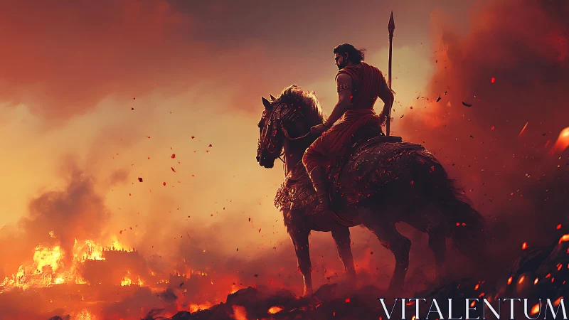 Warrior on armored horse overlooking burning battlefield at dusk.