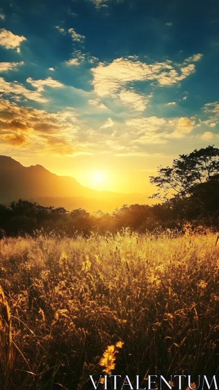 Sunlit grassland with distant tree line and clouded sky.