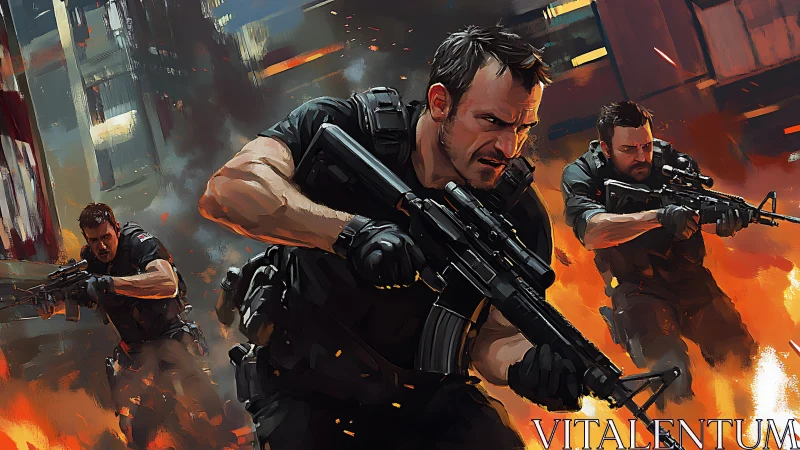 Dynamic tactical squad charge in high-intensity urban firefight.