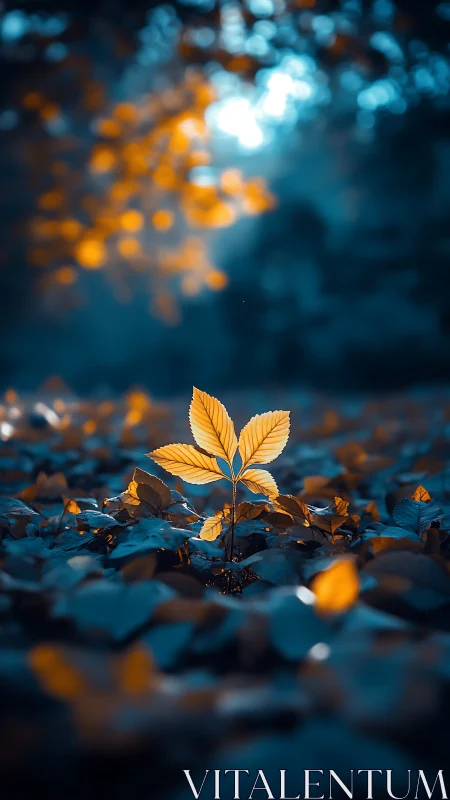 Isolated yellow seedling amid blue foliage in soft focus forest.