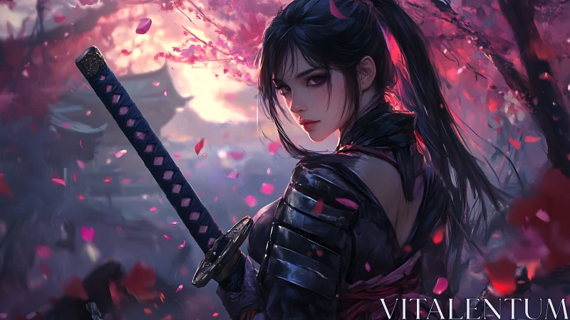 Cherry blossom ronin girl guarding twilight temple paths.