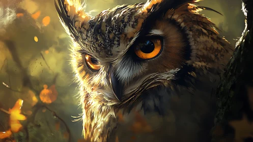 Majestic owl close-up in dreamy autumn forest, digital painting style.