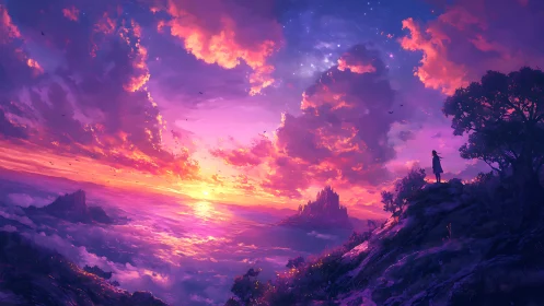 Wanderer watches luminous ocean sunset over distant citadel