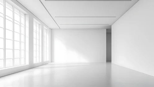 Empty white interior shows large grid windows and smooth walls